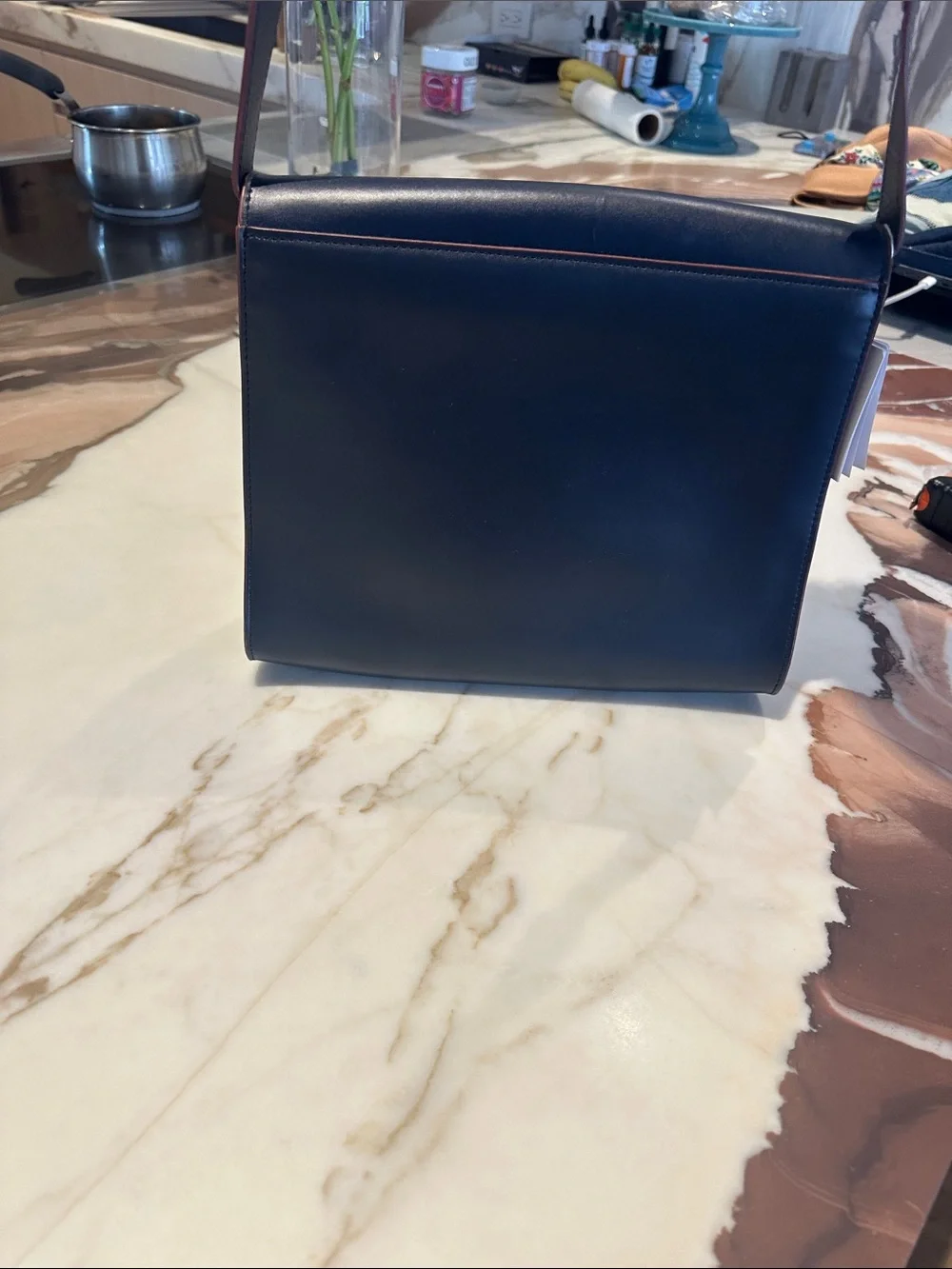 & Other Stories Navy Leather Messenger/Satchel Bag with Brown Trim